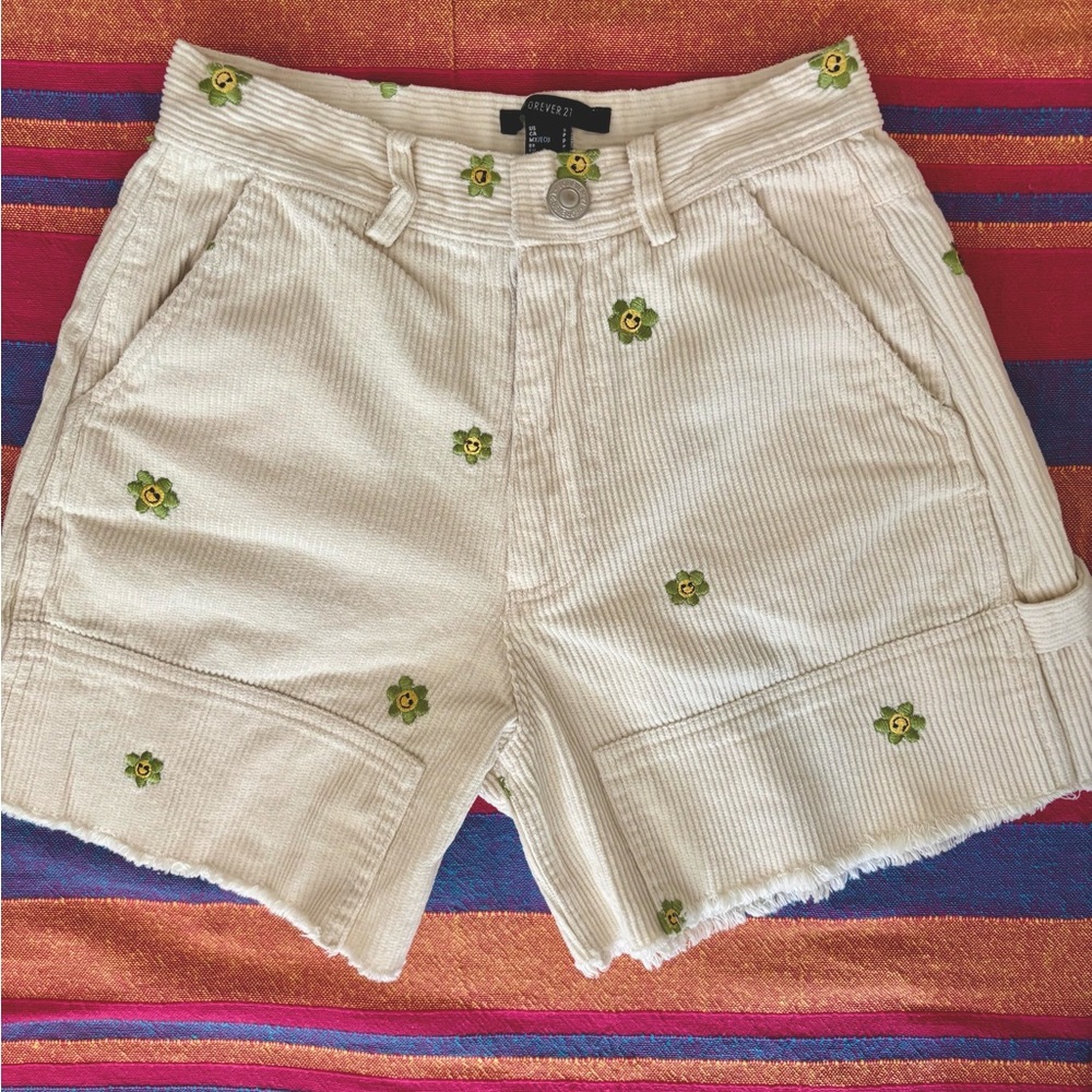 Forever 21 Cream Corduroy Shorts with Green Floral Detail